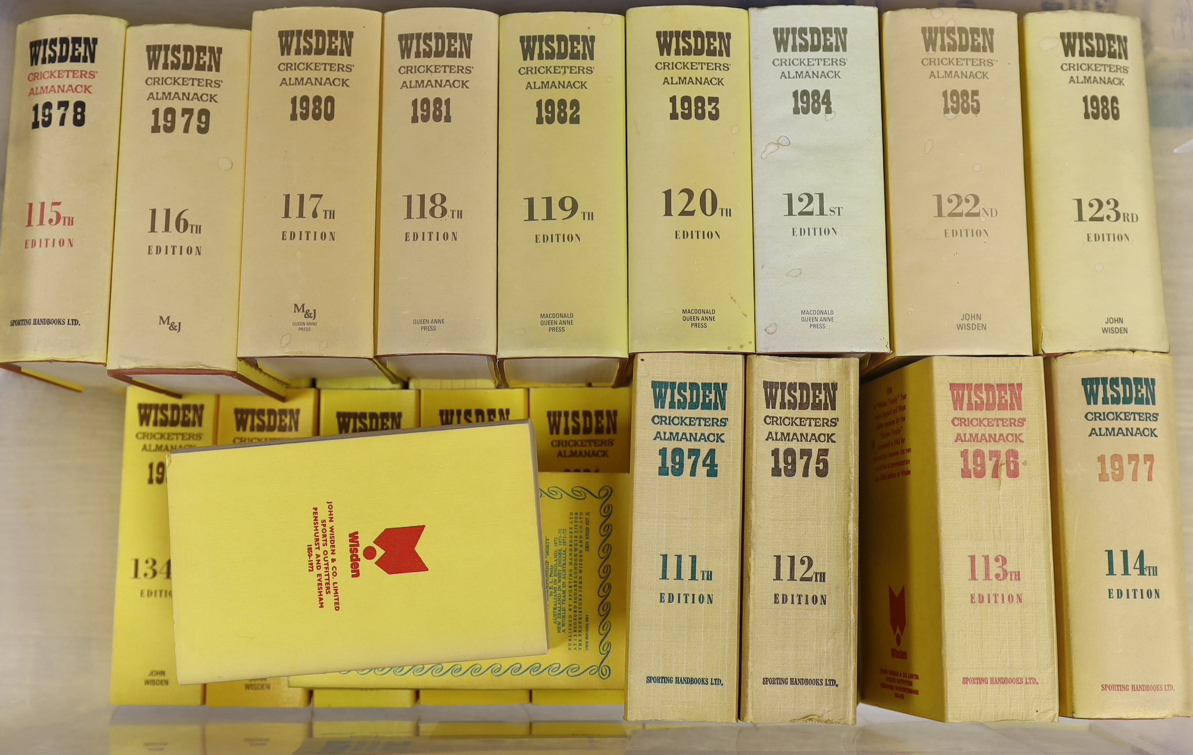 Wisden's Cricketers Almanack, some earlier volumes and a long post-war run, comprises: 1947-2005 (59 vols., limp cloth and cloth with d/wrapper bindings); and the following earlier years - 1911, 1912, 1914, 1920, 1924, 1